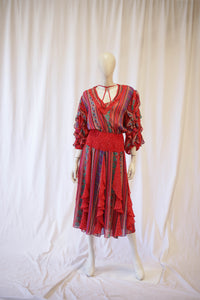 1970s Red Ruffle Printed Dress