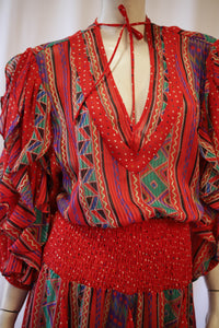 1970s Red Ruffle Printed Dress