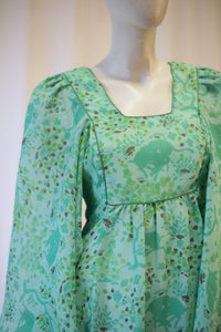 Green 70s angel sleeve maxi by Pat McDonagh
