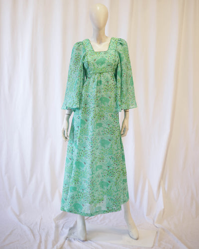 Green 70s angel sleeve maxi by Pat McDonagh