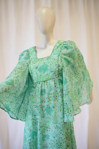 Green 70s angel sleeve maxi by Pat McDonagh