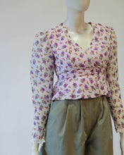 Load image into Gallery viewer, 1970s Georgian Revival Peplum Wrap Blouse in  Lavender Floral with lace trim sleeve