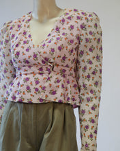 Load image into Gallery viewer, 1970s Georgian Revival Peplum Wrap Blouse in  Lavender Floral with lace trim sleeve