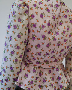 1970s Georgian Revival Peplum Wrap Blouse in  Lavender Floral with lace trim sleeve
