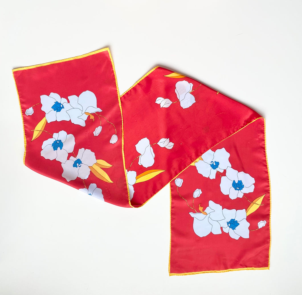 Red Scarf with Blue Floral Print and Yellow Trim