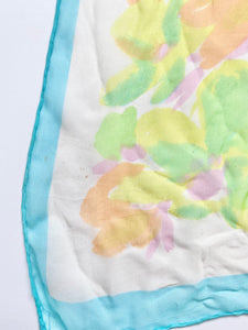 1960s Sheer Watercolour Floral  silk chiffon Scarf with Aqua Trim