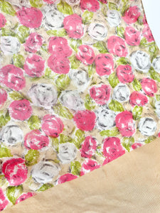 1940s Pink and White Floral Silk Scarf with Fringe