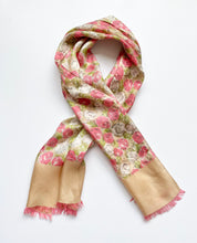 Load image into Gallery viewer, 1940s Pink and White Floral Silk Scarf with Fringe