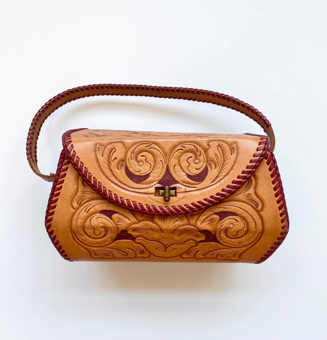 Cognac Tooled Box Bag with Burgundy Leather Whipstitch Trim