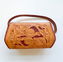 Load image into Gallery viewer, Cognac Tooled Box Bag with Burgundy Leather Whipstitch Trim