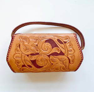 Cognac Tooled Box Bag with Burgundy Leather Whipstitch Trim