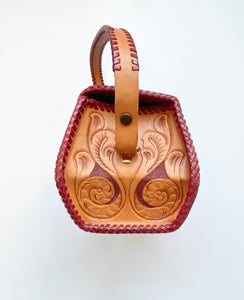 Cognac Tooled Box Bag with Burgundy Leather Whipstitch Trim