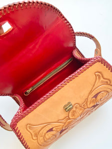 Cognac Tooled Box Bag with Burgundy Leather Whipstitch Trim