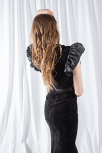 Black Leather and Suede Ruffle Sleeve Dress Small