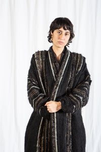 Incredible Art to Wear Handwoven Multi Textile Black Boucle Wool Robe Cardigan