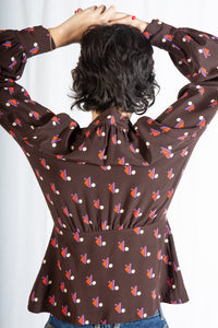 1970s Brown Silk Printed Button up Blouse with Cinched Waist