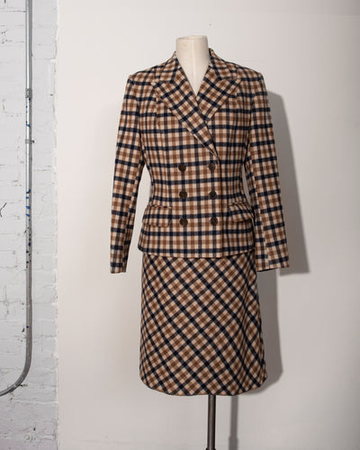 Wool Check Double Breasted Skirt Suit