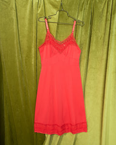 1960s Bright Coral Red 60s Slip  with Lace Trim