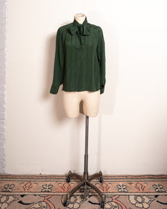 1970s 2-Piece Green Silk Blouse and Skirt Plaid Anne Sophie Paris