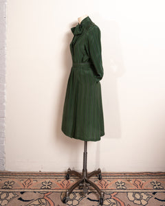 1970s 2-Piece Green Silk Blouse and Skirt Plaid Anne Sophie Paris