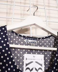1980s Esprit Navy and White Polka Dot Pinafore Style Dress