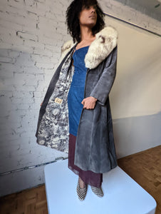 1970s Grey Suede Trench , Belted with Fox Collar