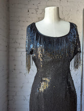 Load image into Gallery viewer, 1980&#39;s Black &amp; Gold Sequin Cocktail Dress with Beaded Fringe
