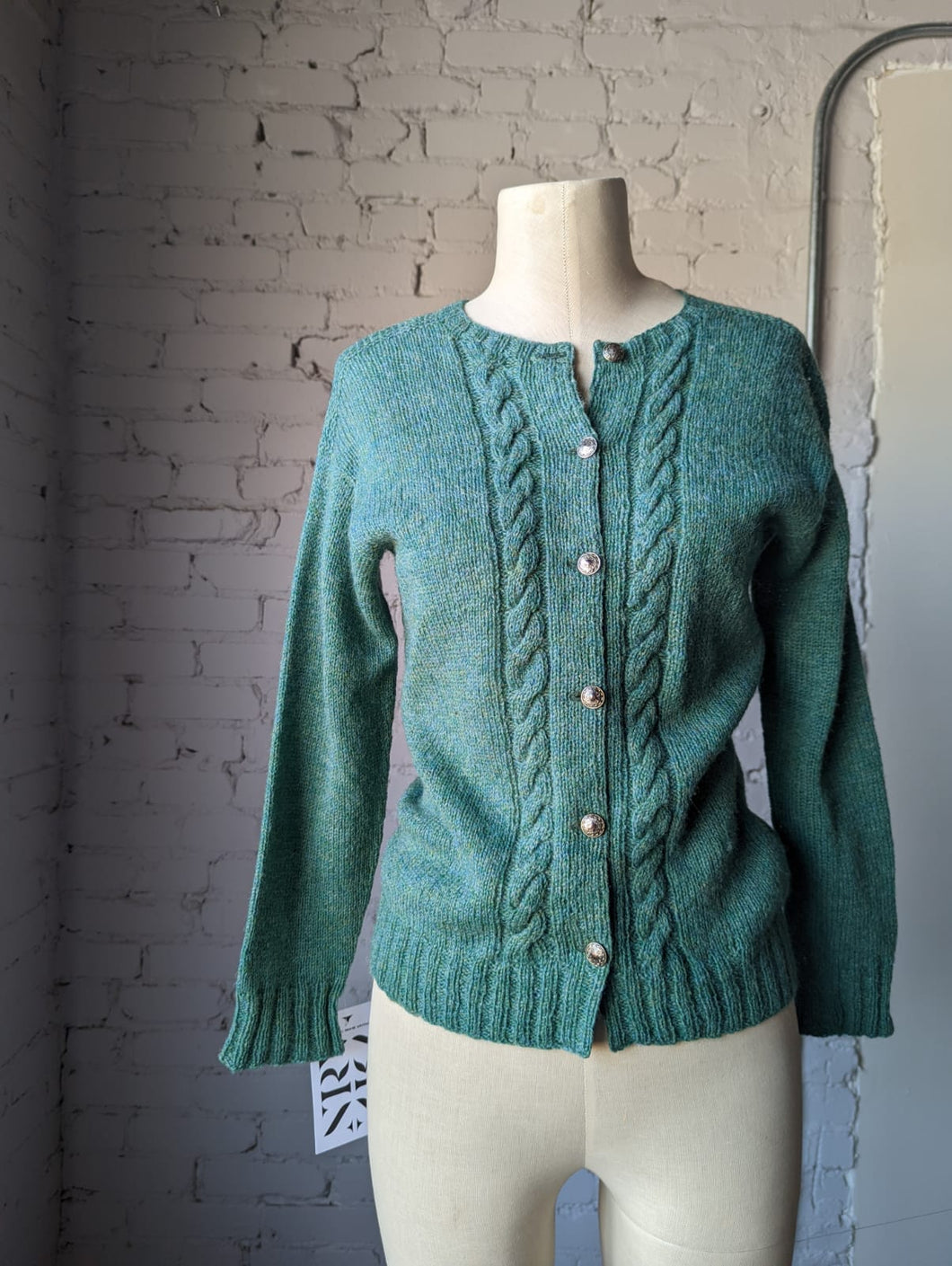 Green Cable Knit Button Up Cardigan