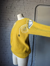 Load image into Gallery viewer, Mustard Yellow Angora Pullover Sweater with Clock Appliqué and Hand Beaded Detail