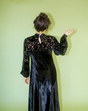 Load image into Gallery viewer, Dévoré  Velvet Burnout Floral  Bias Cut Dress with Dramatic Sleeves 1930s dress M_L