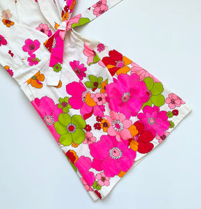 1960s Super Bright Floral Sleeveless Wrap Hawaiian Dress