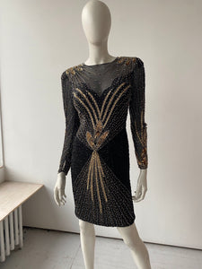 Black & gold sequinned long sleeve mini dress