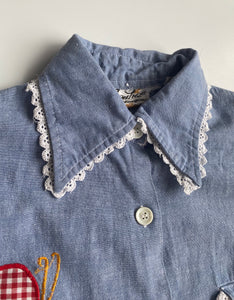 Chambray appliqué  patchwork blouse with lace trim