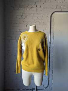 Mustard Yellow Angora Pullover Sweater with Clock Appliqué and Hand Beaded Detail