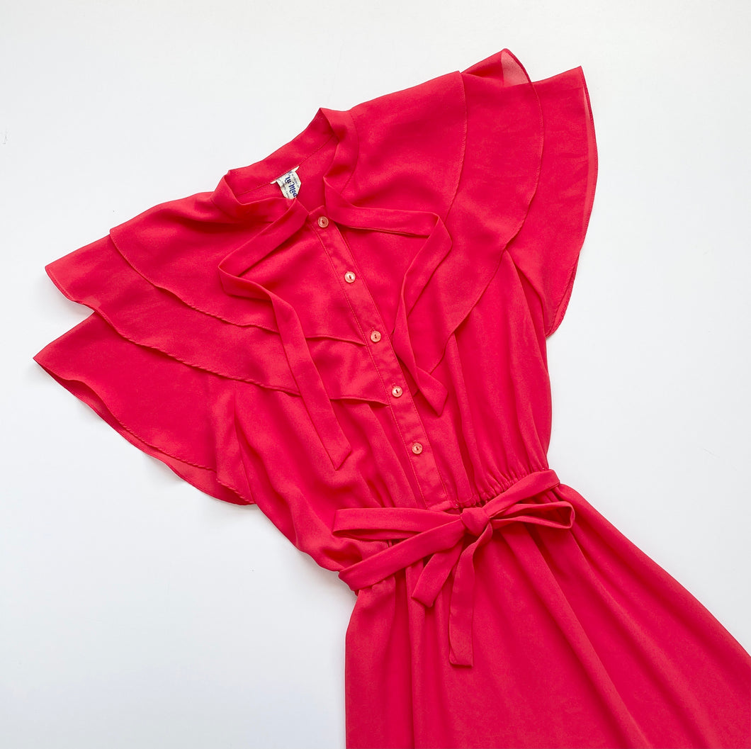 Cherry Red Ruffled  70S georgette Dress