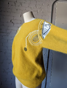 Mustard Yellow Angora Pullover Sweater with Clock Appliqué and Hand Beaded Detail