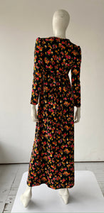 70s Floral Poly Flannel Maxi Dress