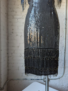 1980's Black & Gold Sequin Cocktail Dress with Beaded Fringe