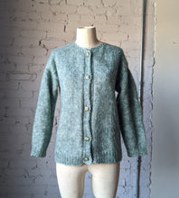 Load image into Gallery viewer, Sage Green 1970&#39;s Hand Knit Fuzzy Cardigan