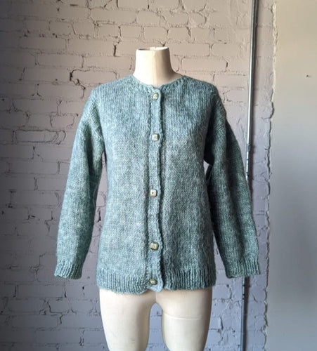 Sage Green 1970's Hand Knit Fuzzy Cardigan