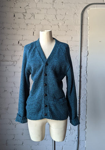 Midcentury  Shetland Wool Cardigan with Pockets- Turquoise