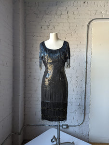 1980's Black & Gold Sequin Cocktail Dress with Beaded Fringe