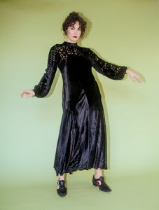 Dévoré  Velvet Burnout Floral  Bias Cut Dress with Dramatic Sleeves 1930s dress M_L
