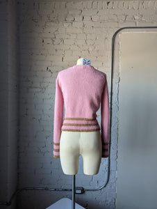 Y2K Baby Pink Angora Cardigan with Gold Lurex Stripes