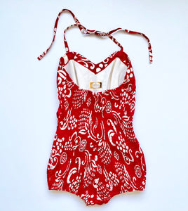 Red Tropical Print One-Piece Cotton  1940s Catalina Swimsuit